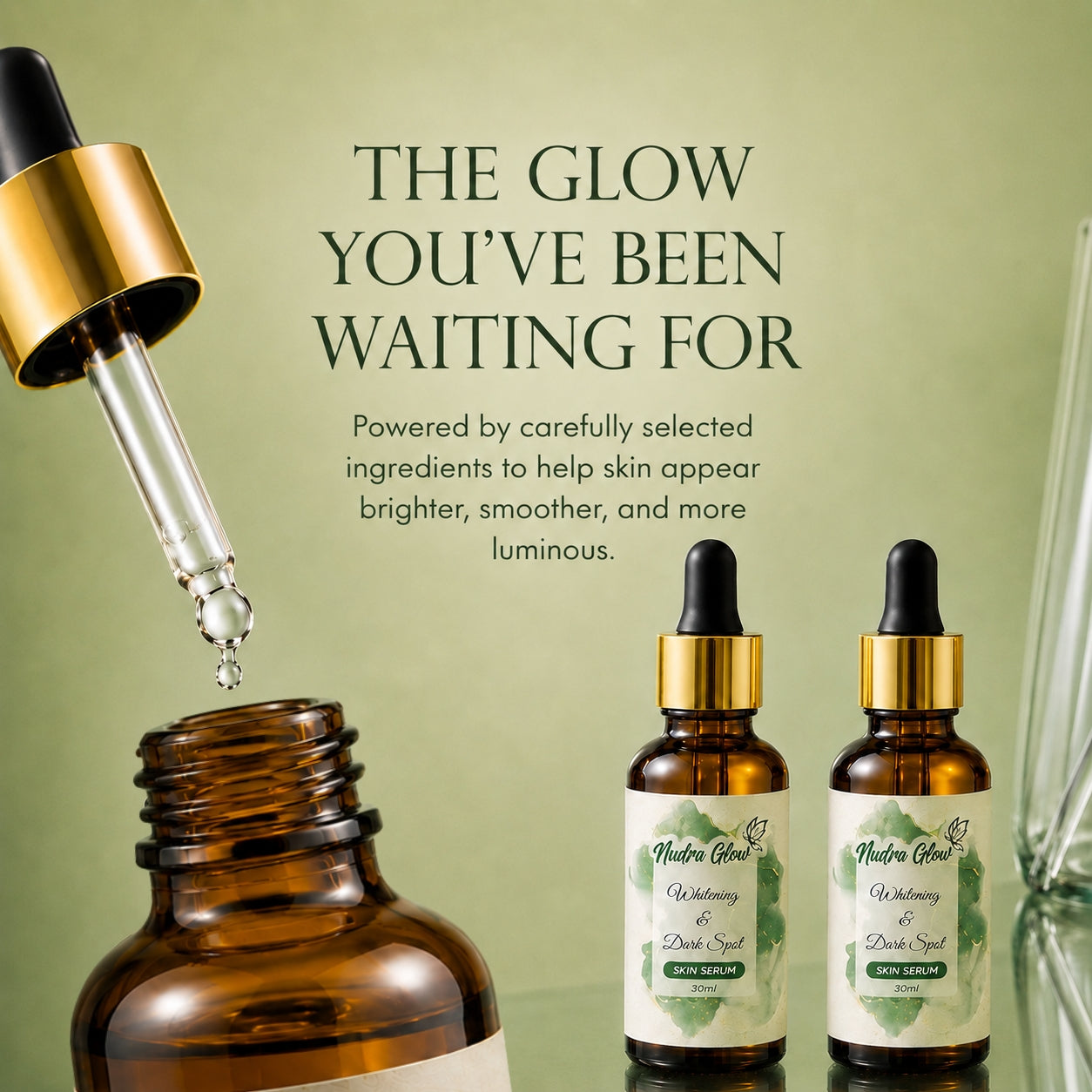 Nudra Glow Whitening and Dark Spot Serum - mobile banner showing premium skincare results for Pakistani skin