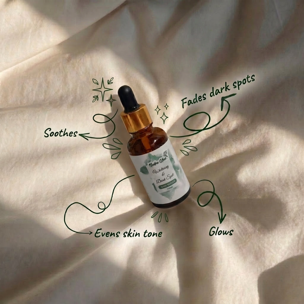 Nudra Glow serum key ingredients - 10% Niacinamide, 2% Alpha Arbutin, and Hyaluronic Acid for treating dark spots and hyperpigmentation